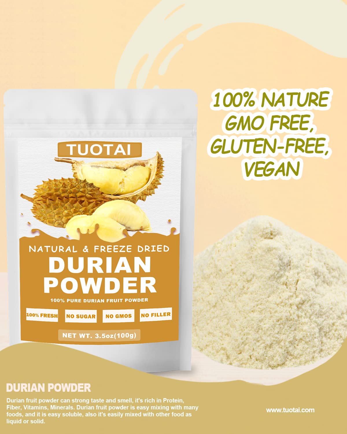 Nature Durian powder,Freeze Dried Durian Powder, 3.5 Ounces, Durian Fruit Powder for Smoothie, Drinks and Baking Food