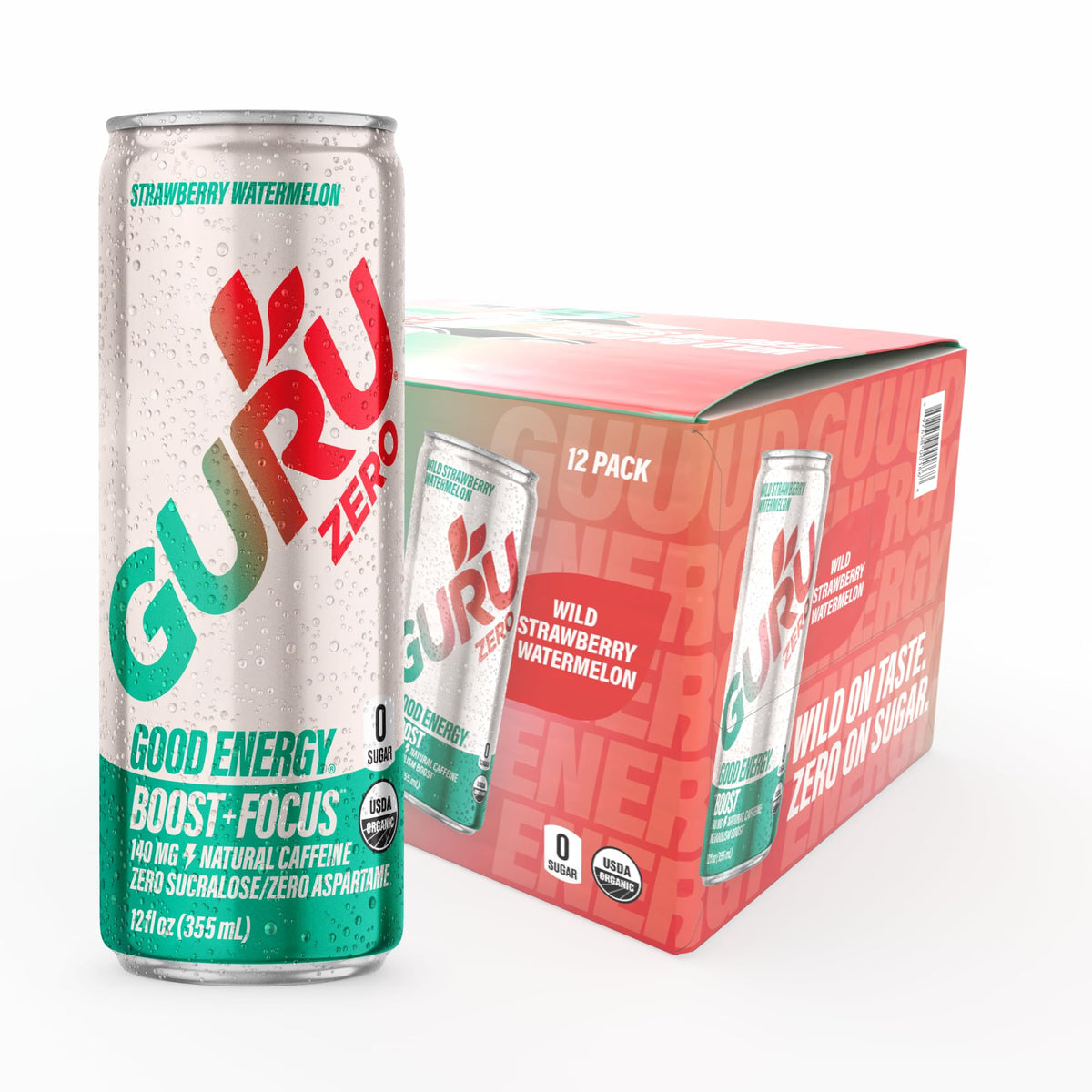 GURU Zero Sugar Energy Drink, Strawberry Watermelon, 12 Fl Oz, 12 Pack