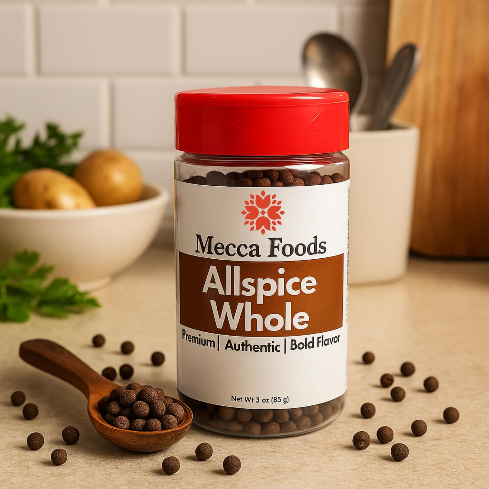 Whole Allspice Berries - Premium Grade Pimento Spice, Non-GMO, Ideal for Baking, Pickling & Jamaican Jerk Recipes - 3 oz PET Jar by Mecca Foods