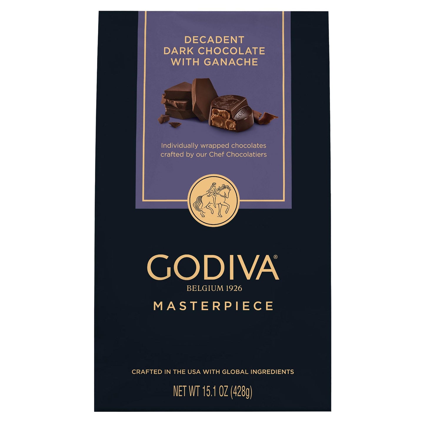 Godiva Masterpiece Dark Chocolate Bag, Individually Wrapped with Ganache Center, Gourmet Gift for Birthday, Holiday, Kosher, Halal, 15oz