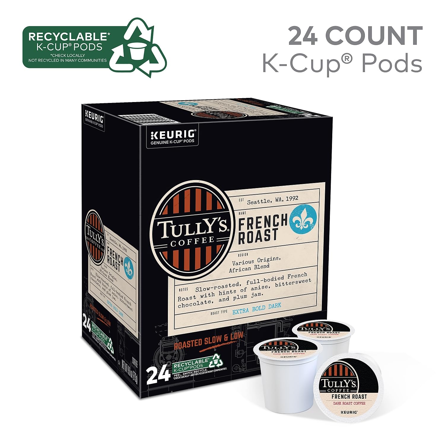 Tully's Coffee French Roast Coffee K-Cups, Box Of 24