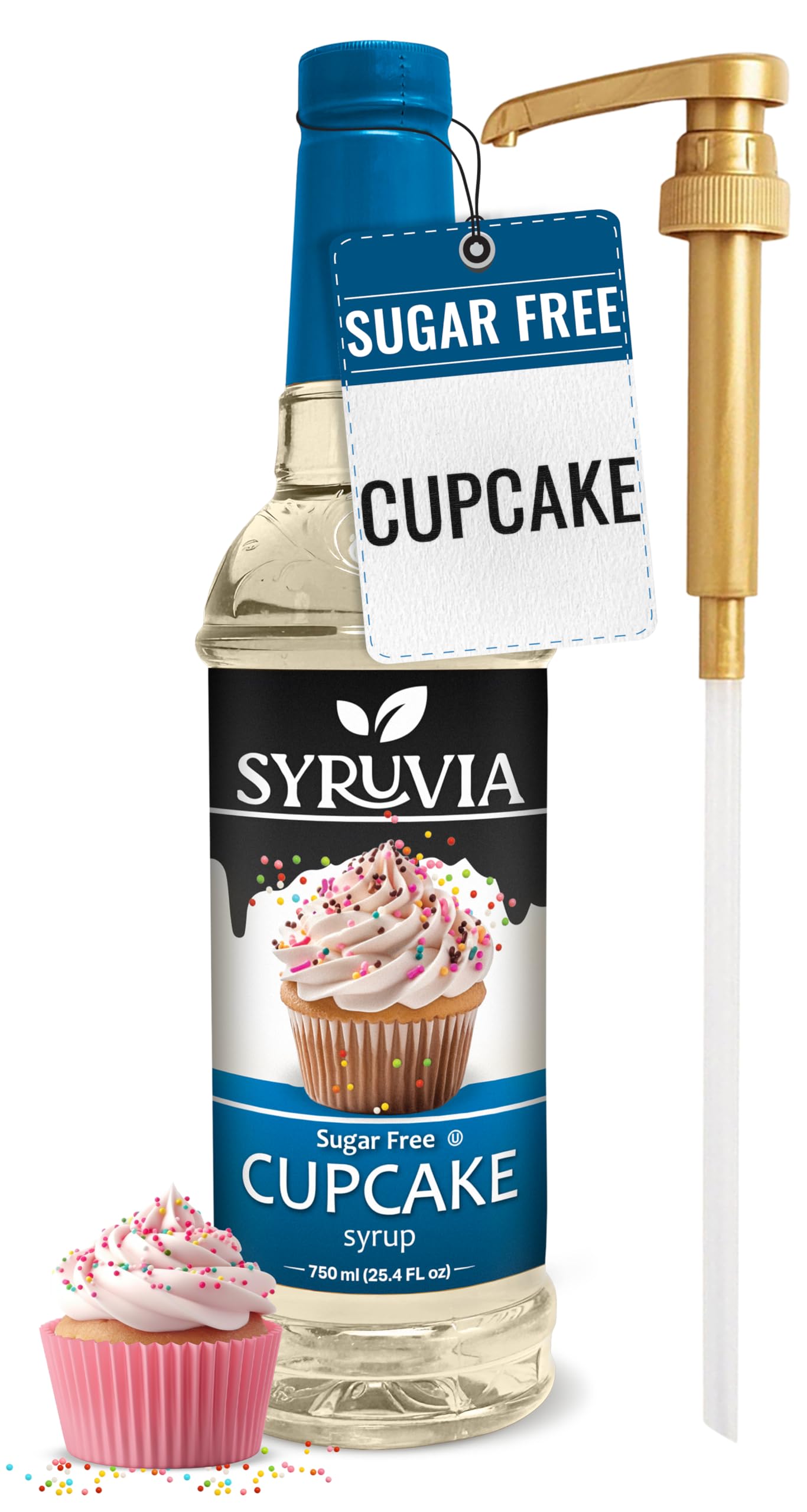 Syruvia Sugar Free Coffee Syrup, Cupcake Flavored Syrup for Drinks, Lattes, and Desserts - 25.4 fl oz, With Pump