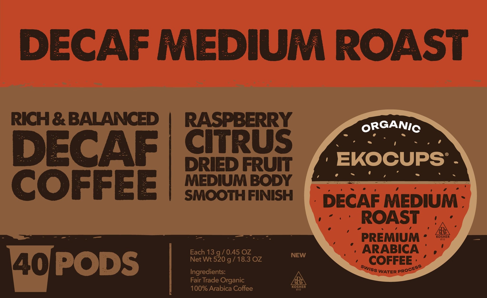 EKOCUPS Organic Decaf Coffee Pods, Swiss Water Decaffeinated Hot or Decaf Iced Coffee For Keurig K Cups Machines, Organic Fair Trade in Recyclable