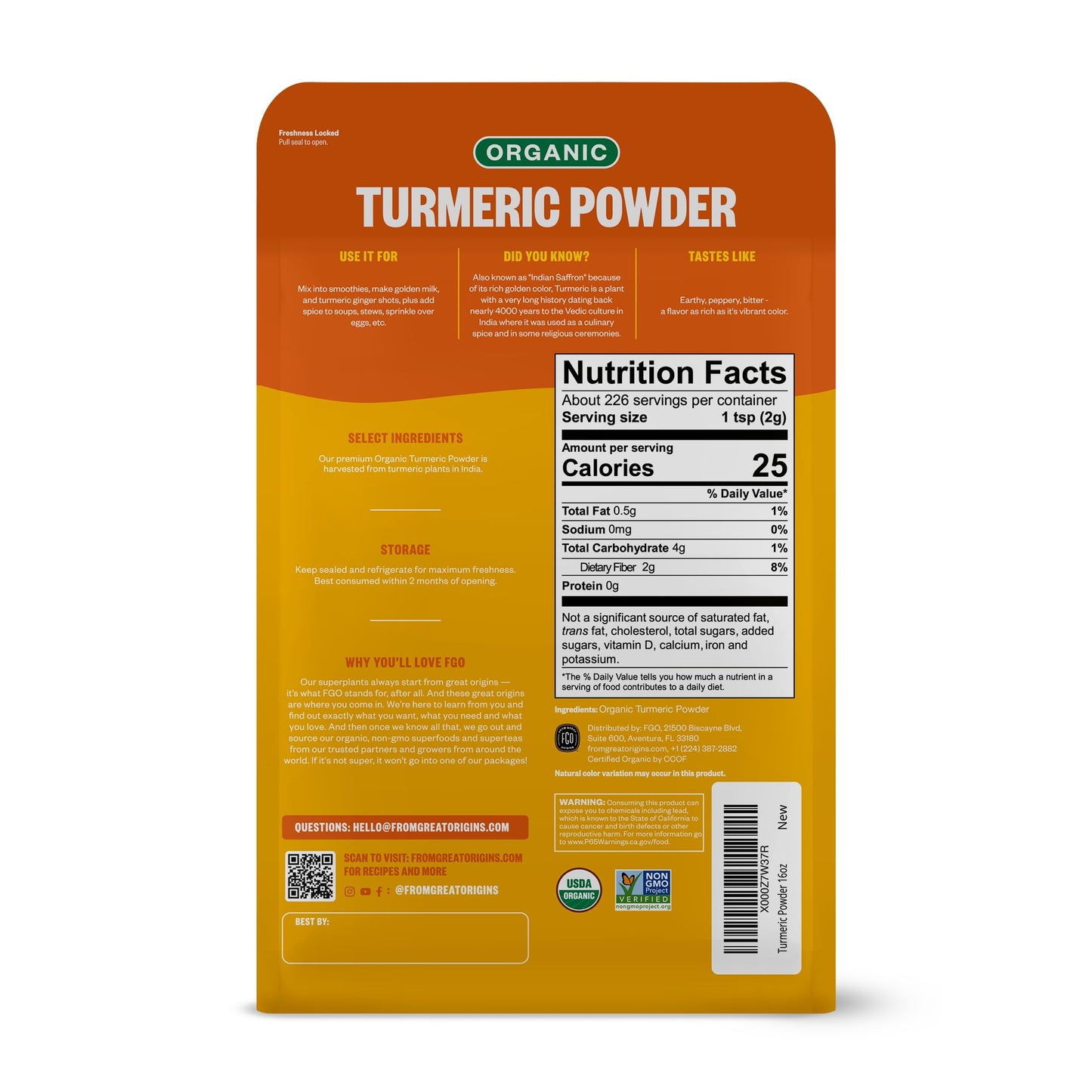 FGO Organic Turmeric Powder w/Curcumin, 1 Pound / 16oz Bulk Resealable Pouch, USDA Organic and Non-GMO, Sourced from India, Packaging May Vary (Pack