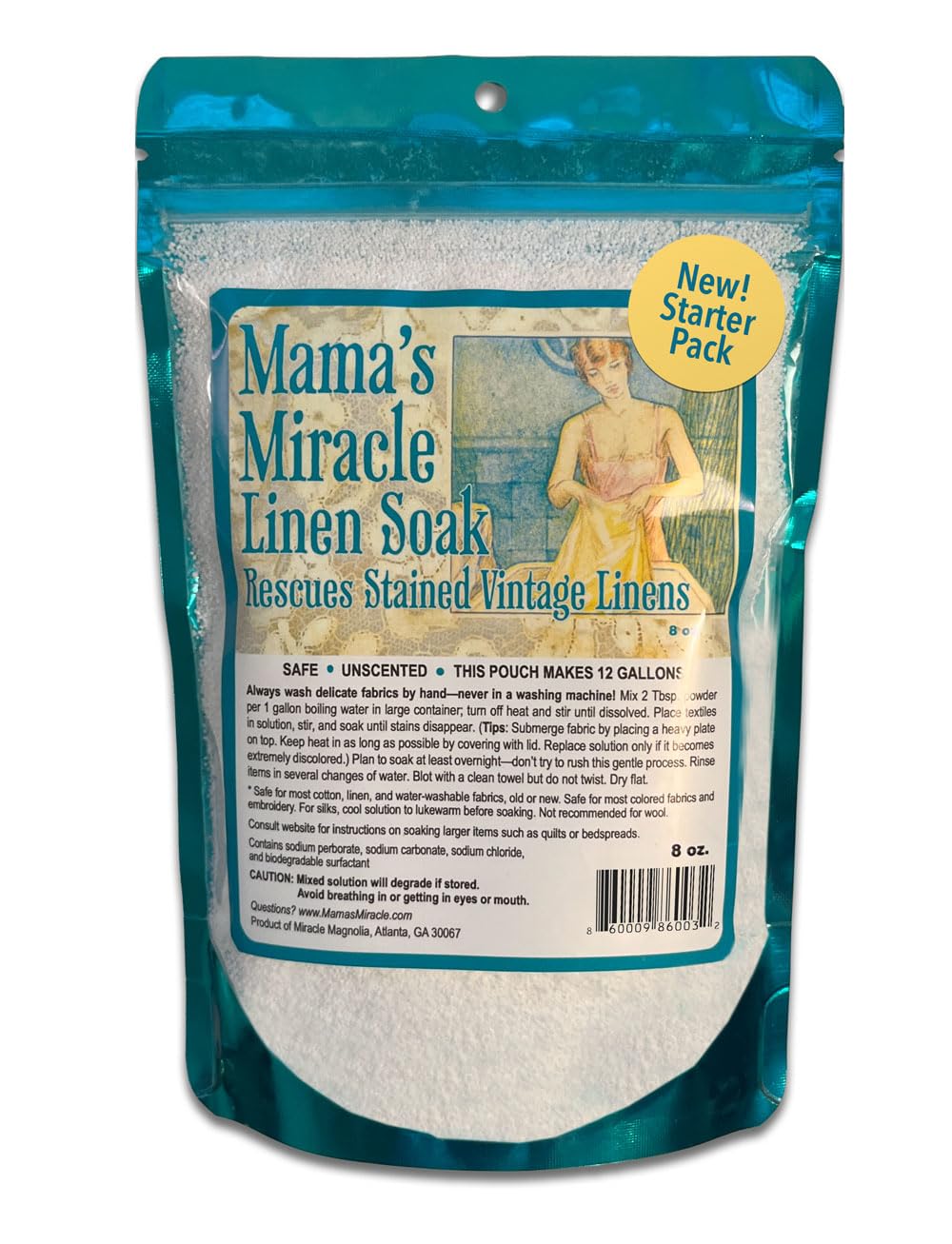 Mama's Miracle Linen Soak NEW! Starter Pack (8 oz), Gentle Stain Remover for Vintage and Antique Fabrics Makes 12 gallons of Soaking Solution
