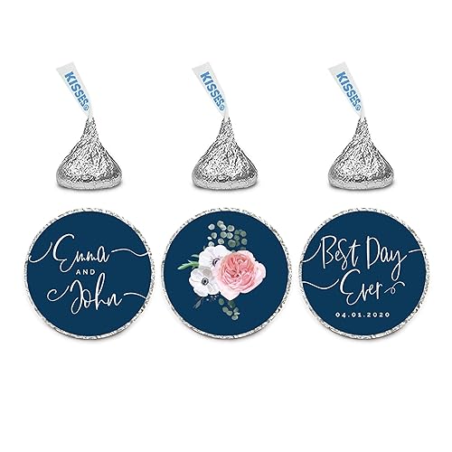Andaz Press Winter Navy Blue with Eucalyptus Blossoms Wedding Party Collection, Personalized Chocolate Drop Label Stickers Trio, Custom Name and Date