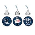 Andaz Press Winter Navy Blue with Eucalyptus Blossoms Wedding Party Collection, Personalized Chocolate Drop Label Stickers Trio, Custom Name and Date