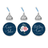 Andaz Press Winter Navy Blue with Eucalyptus Blossoms Wedding Party Collection, Personalized Chocolate Drop Label Stickers Trio, Custom Name and Date