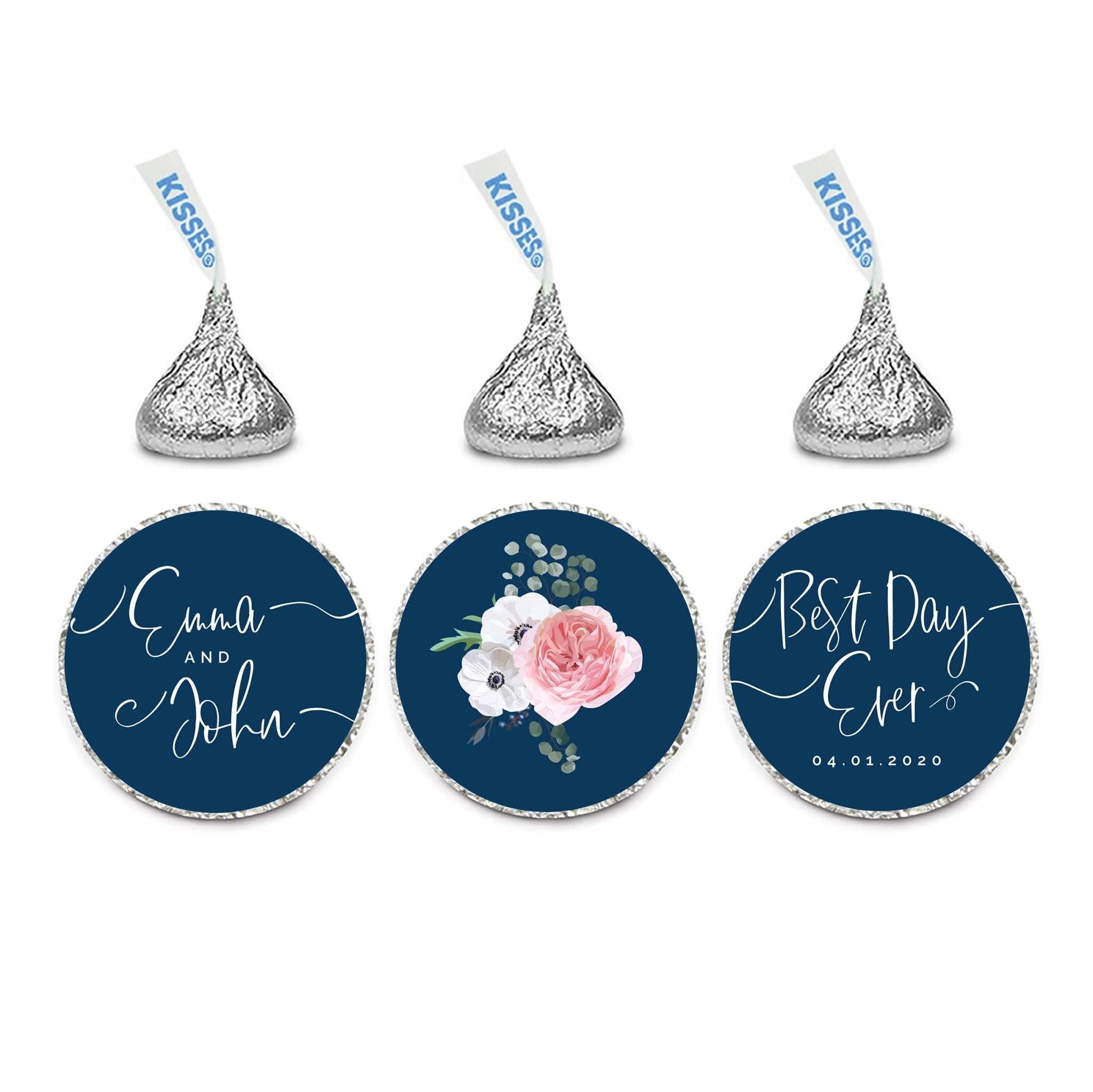 Andaz Press Winter Navy Blue with Eucalyptus Blossoms Wedding Party Collection, Personalized Chocolate Drop Label Stickers Trio, Custom Name and Date