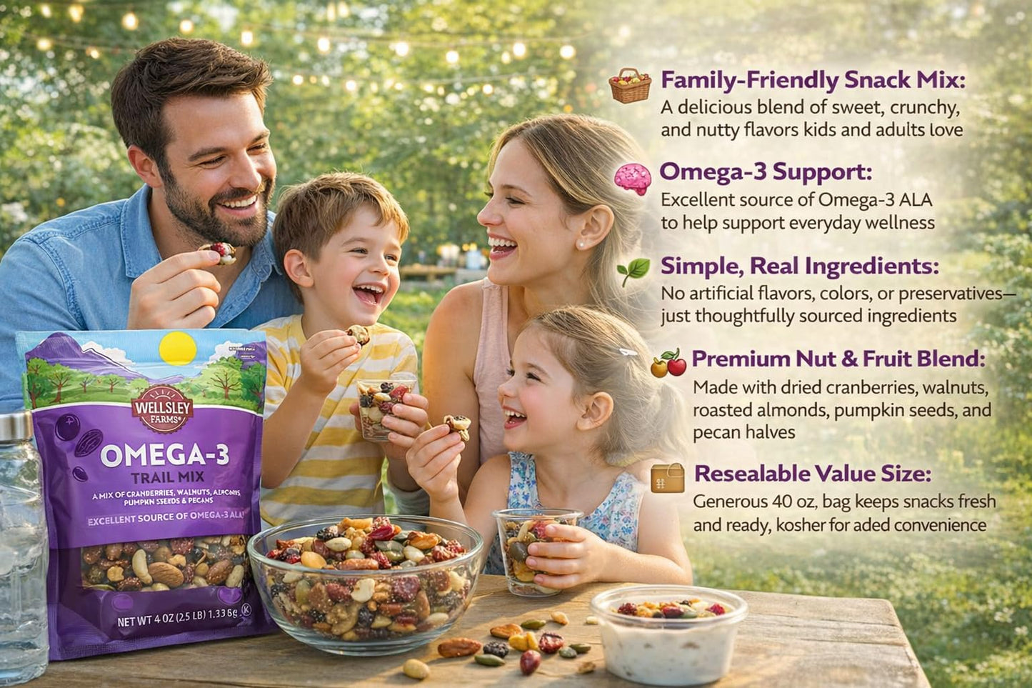 Wellsley Farms Omega 3 Deluxe Mix -Cranberries, Walnuts, Almonds, Pumpkin Seeds, Pecans. Healthy Heart Trail Mix, Power Up, Gluten Free, Cholesterol