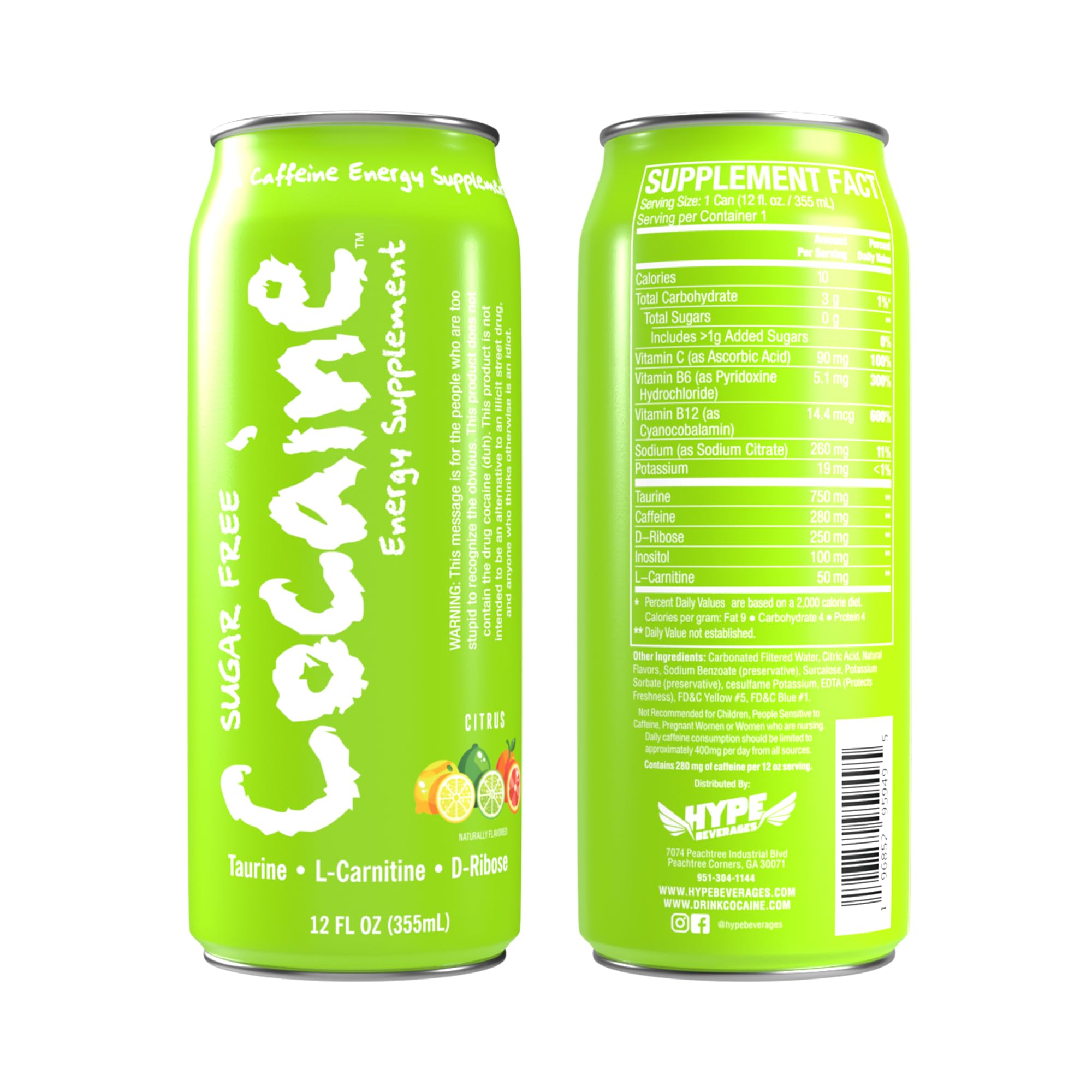 Hype Beverages Official 280mg Caffeine Energy Drink Sparkling Citrus, Sugar Free - Energy Boost with Healthy Energy Drinks with Vitamin C, B6, B12