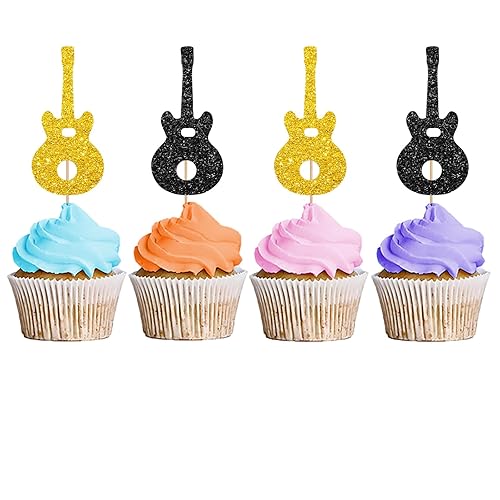 24PCS Guitar Cupcake Toppers, Rock Cupcake Topper for Boys, Music Notes Food Picks, Guitar Player Birthday Party Decoration - Black & Gold Glitter
