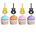 24PCS Guitar Cupcake Toppers, Rock Cupcake Topper for Boys, Music Notes Food Picks, Guitar Player Birthday Party Decoration - Black & Gold Glitter