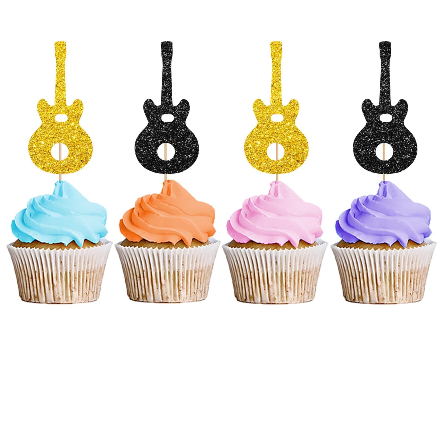 24PCS Guitar Cupcake Toppers, Rock Cupcake Topper for Boys, Music Notes Food Picks, Guitar Player Birthday Party Decoration - Black & Gold Glitter