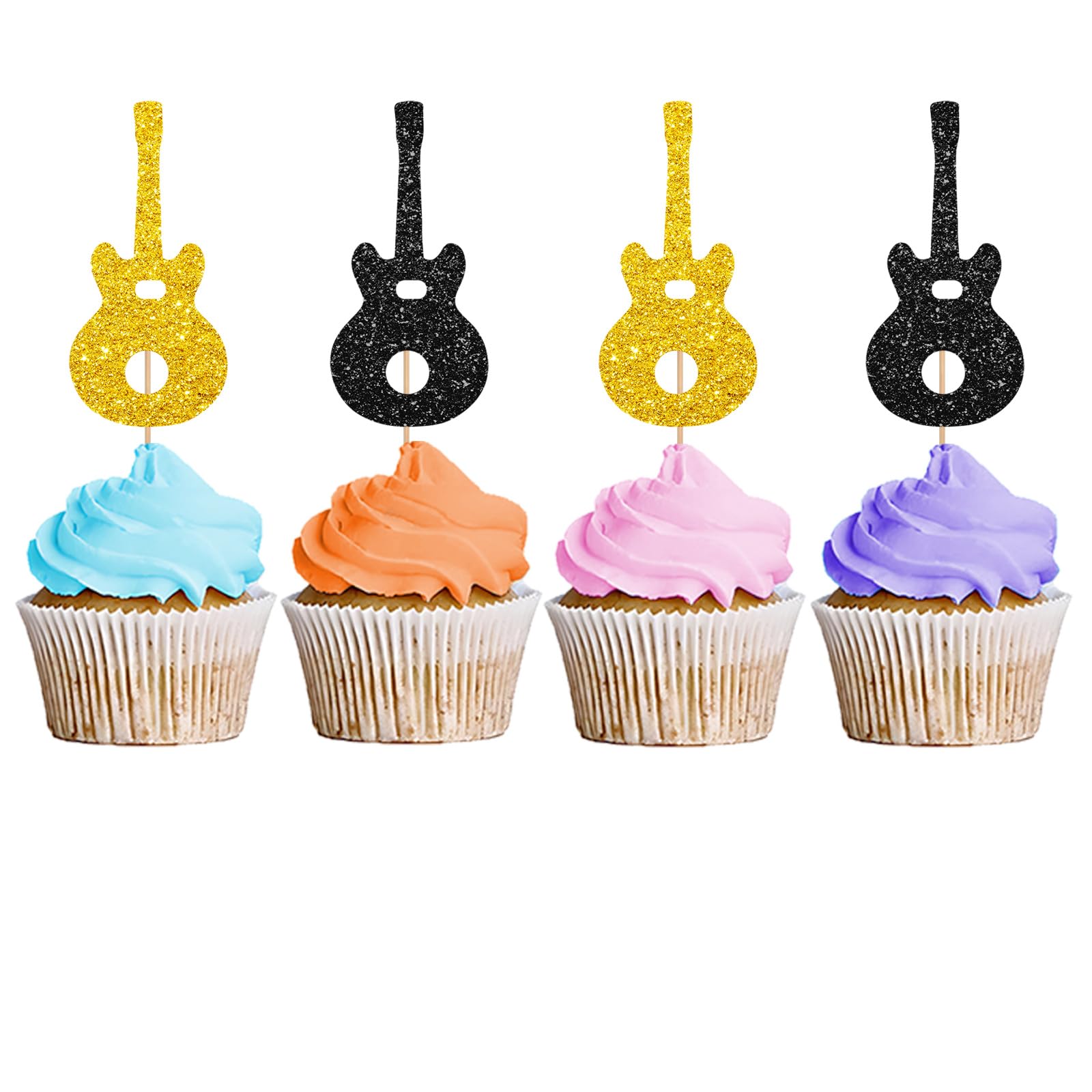 24PCS Guitar Cupcake Toppers, Rock Cupcake Topper for Boys, Music Notes Food Picks, Guitar Player Birthday Party Decoration - Black & Gold Glitter