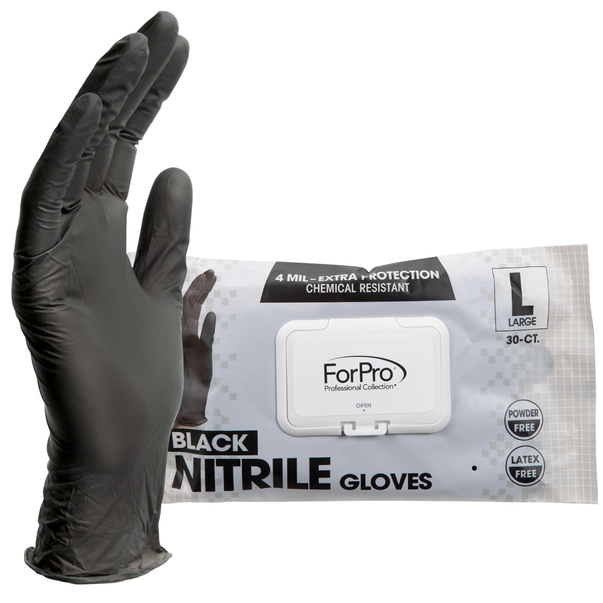 ForPro Professional Collection Disposable Nitrile Gloves, Chemical Resistant, Powder-Free, Latex-Free, Non-Sterile, Food Safe, 4 Mil, Black, Large