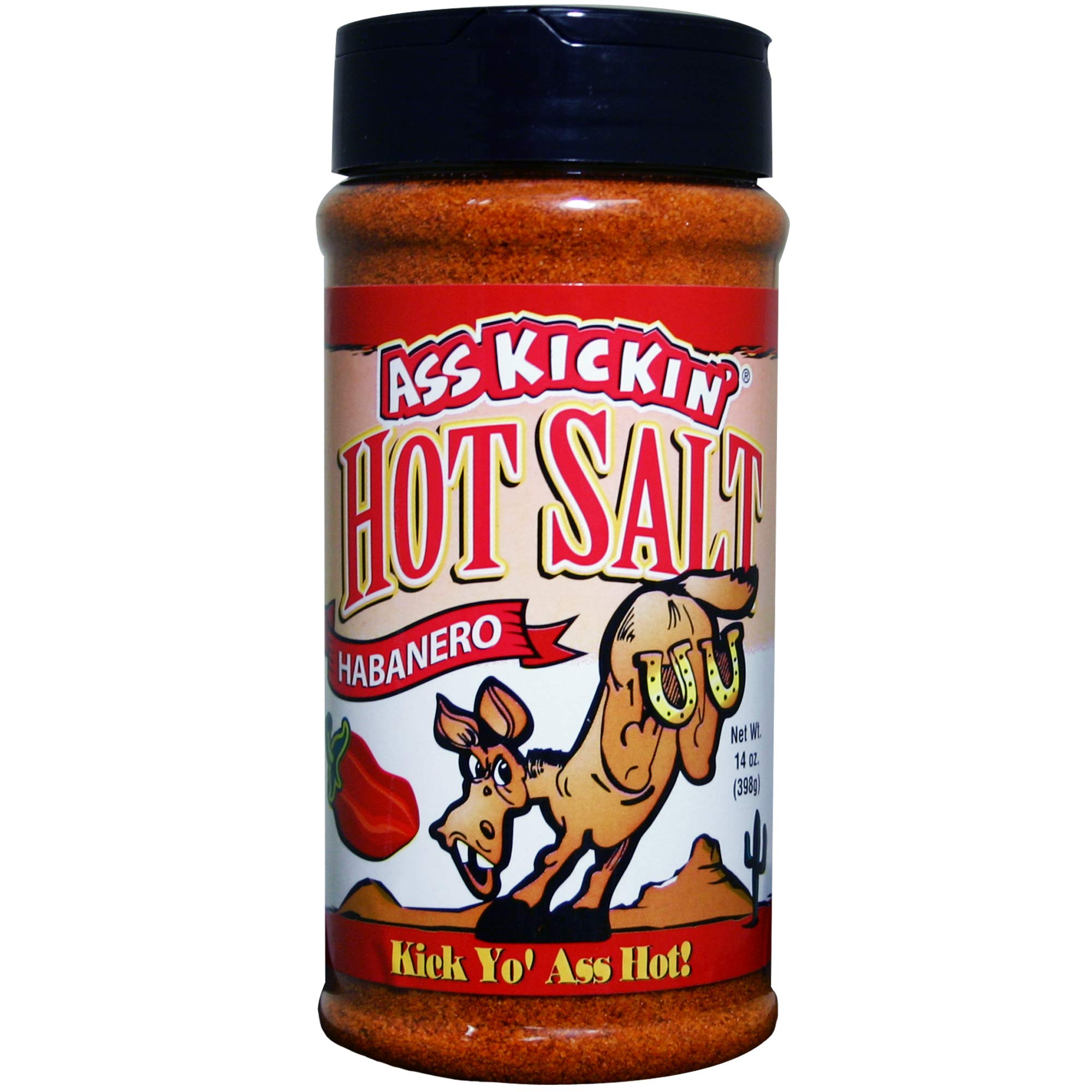 ASS KICKIN' Habanero Hot Spicy Salt - 14 oz. Shaker Jar - Perfect Flavored Salt for Popcorn Seasoning, Margarita Salt and French Fry Seasoning
