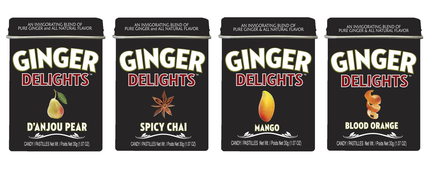 Ginger Delights Four Flavor Variety Pack | Genuine Ground Ginger Root, Natural Flavors | Kosher Certified, Vegan, Gluten Free | Aspartame & Xylitol