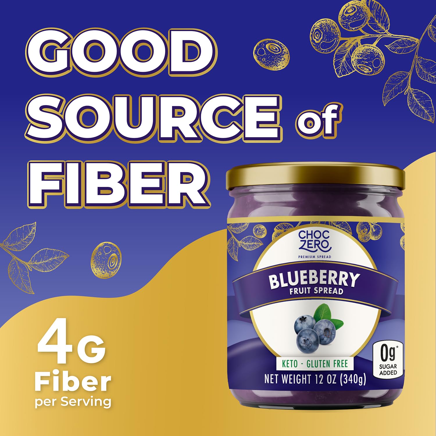 ChocZero Keto Blueberry Fruit Spread, No Added Sugar, Low Carb, All Natural Jam, Sweetened with Monk Fruit (1 jar, 12 oz)