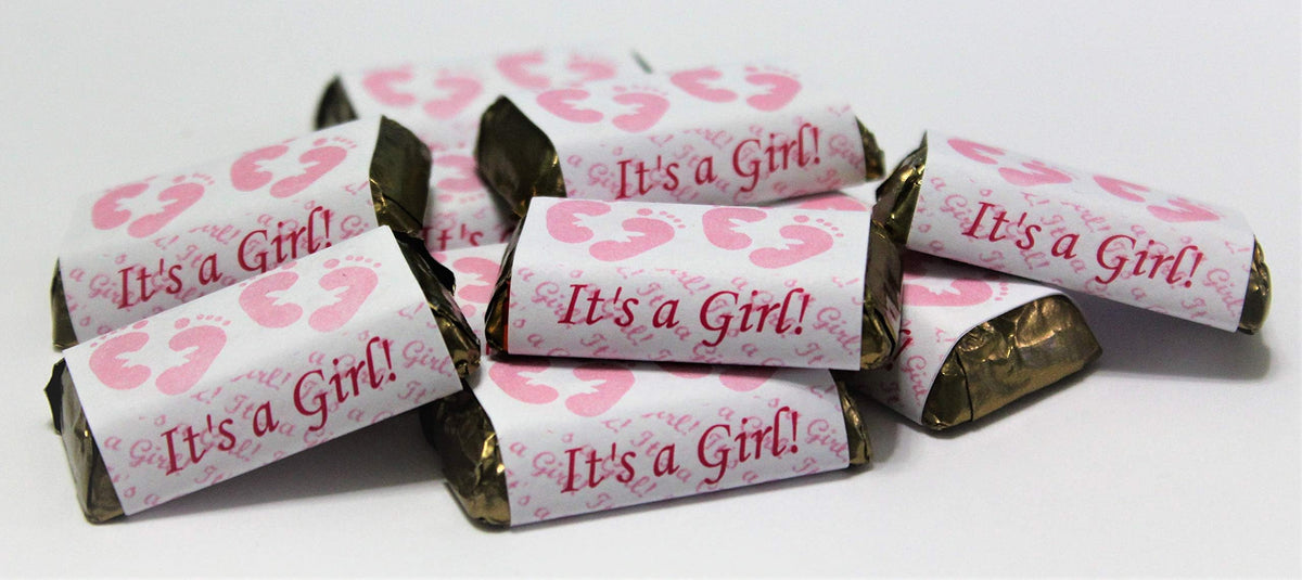 60 Pink Footprints Baby Shower Miniatures Chocolate Candy Bar Wrapper, Its a Girl Baby Shower Mini Candy Bar Stickers Decorations, Candy Not Included