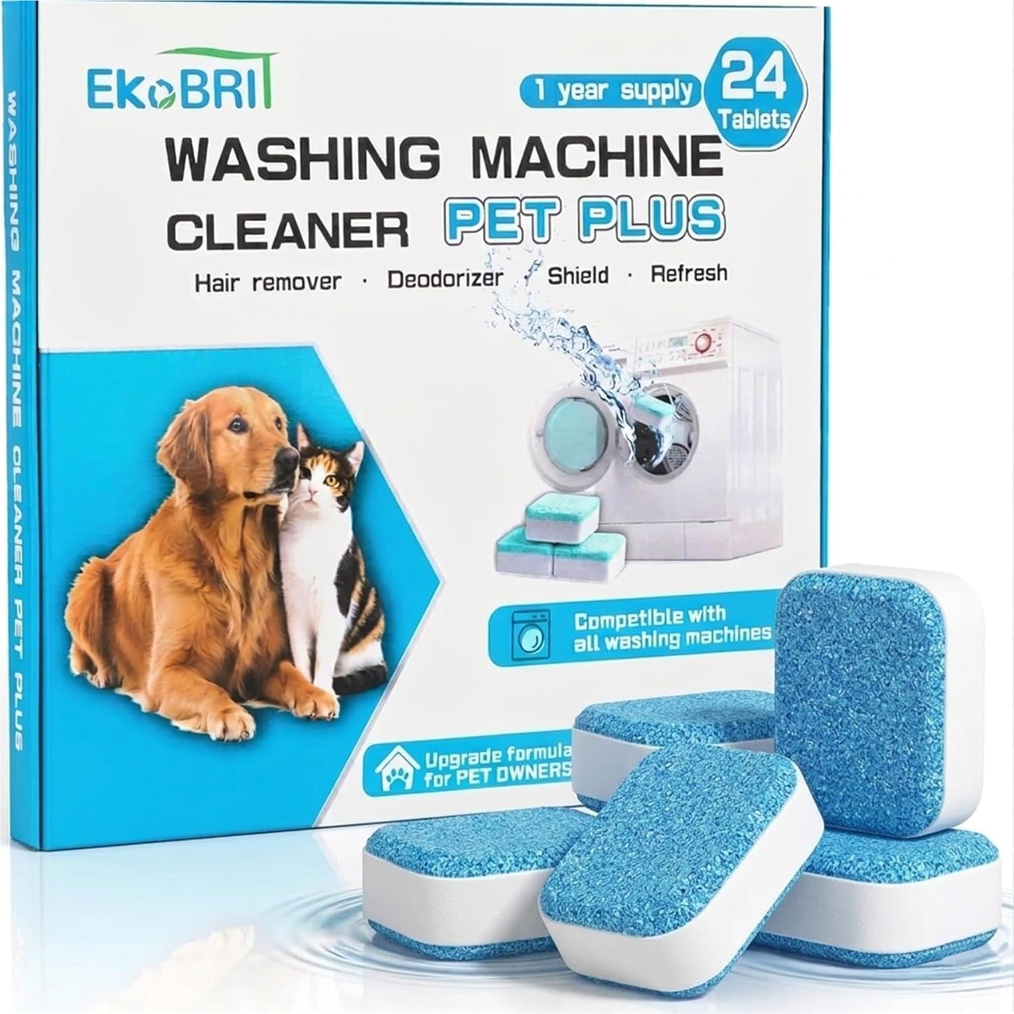 EKoBRIT Washing Machine Cleaner Tablets 24 Pack - Deep Cleaning Washer Descaler for Front Load & Top Load Machines, Septic Safe Washing Machine