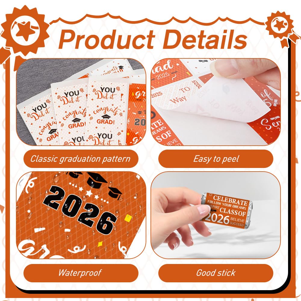 Graduation Party Decorations, 2026 Graduation Candy Stickers, 120 PCS Orange White Congrats Grad Mini Candy Wrapper Class of 2026 Bar Label Sticker