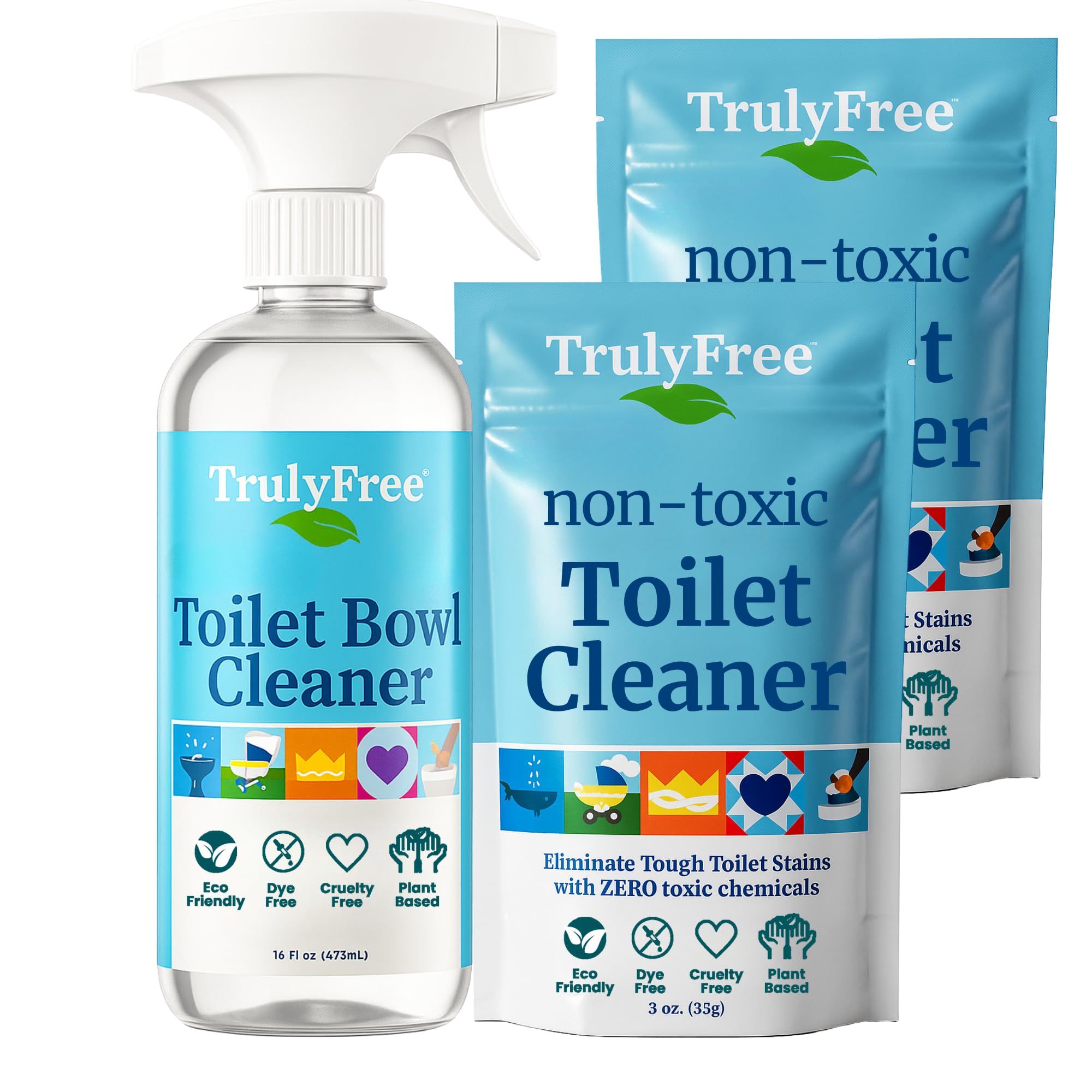 Truly Free Toilet Bowl Cleaner - Heavy-Duty Stain Remover - Septic Safe, Plant-Based Formula - Fresh Peppermint Scent - 16 oz Reusable Empty Bottle +
