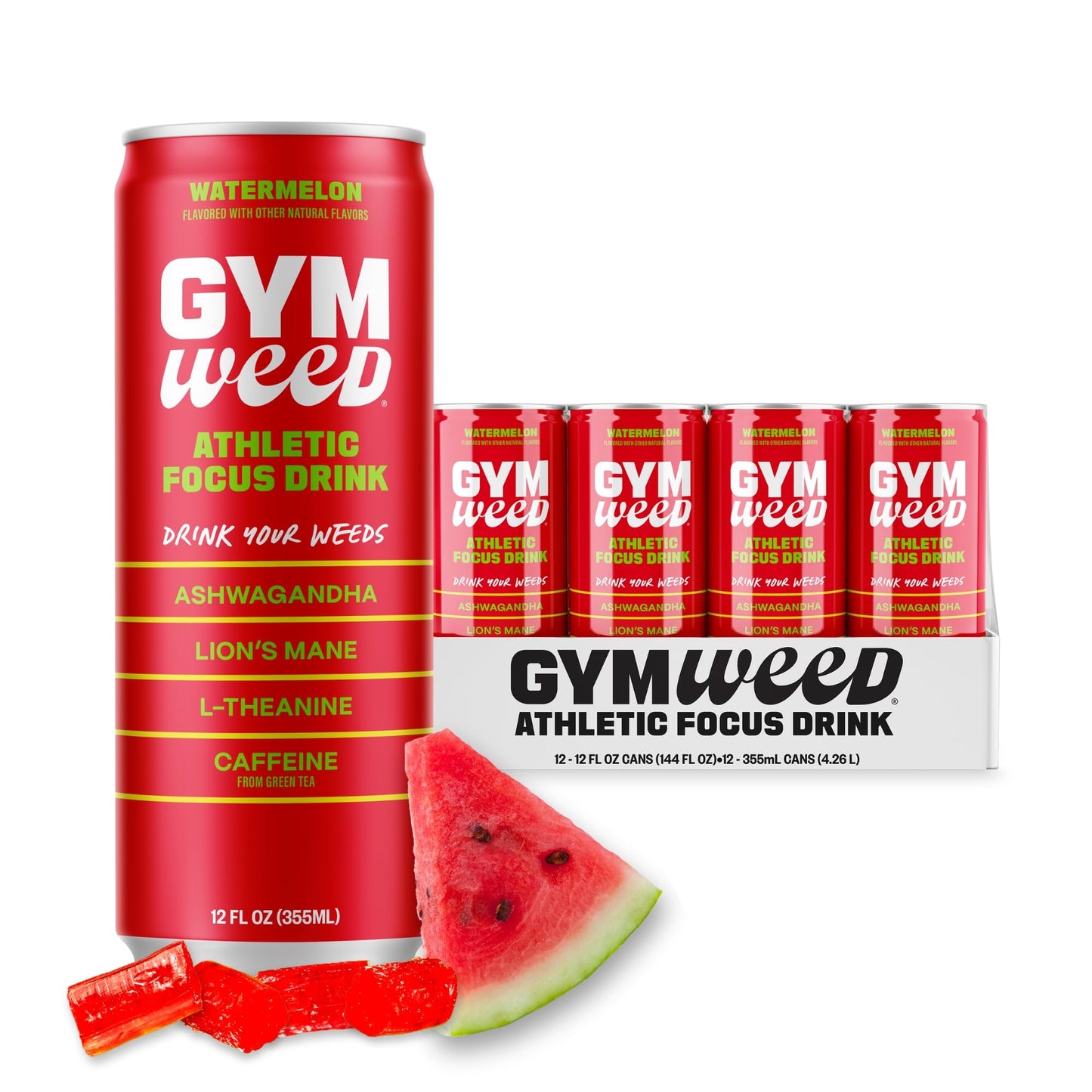 GYM WEED Athletic Focus Drink with KSM-66 Ashwagandha, Lion's Mane Mushroom, L-Theanine, 200mg Green Tea Caffeine with Natural Sweeteners Watermelon