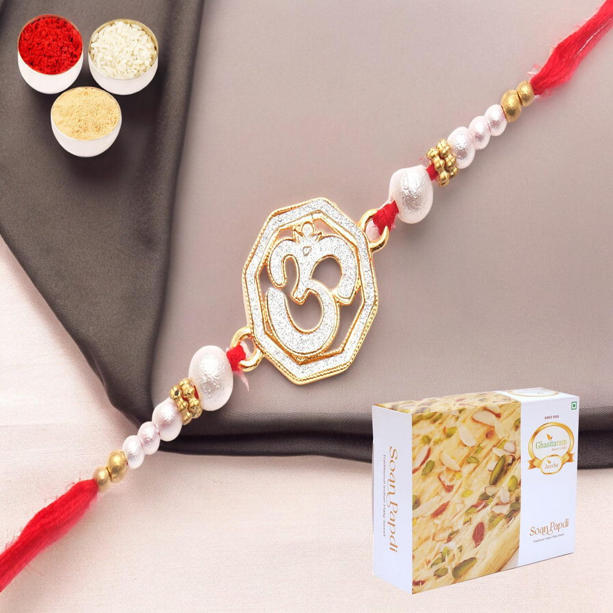 Ghasitaram Gifts Rakhi for Brother Rakhis Online- The Sparkle of Heavenly Divine Blessings for My Brother Rakhi with 200 GMS of Soan Papdi