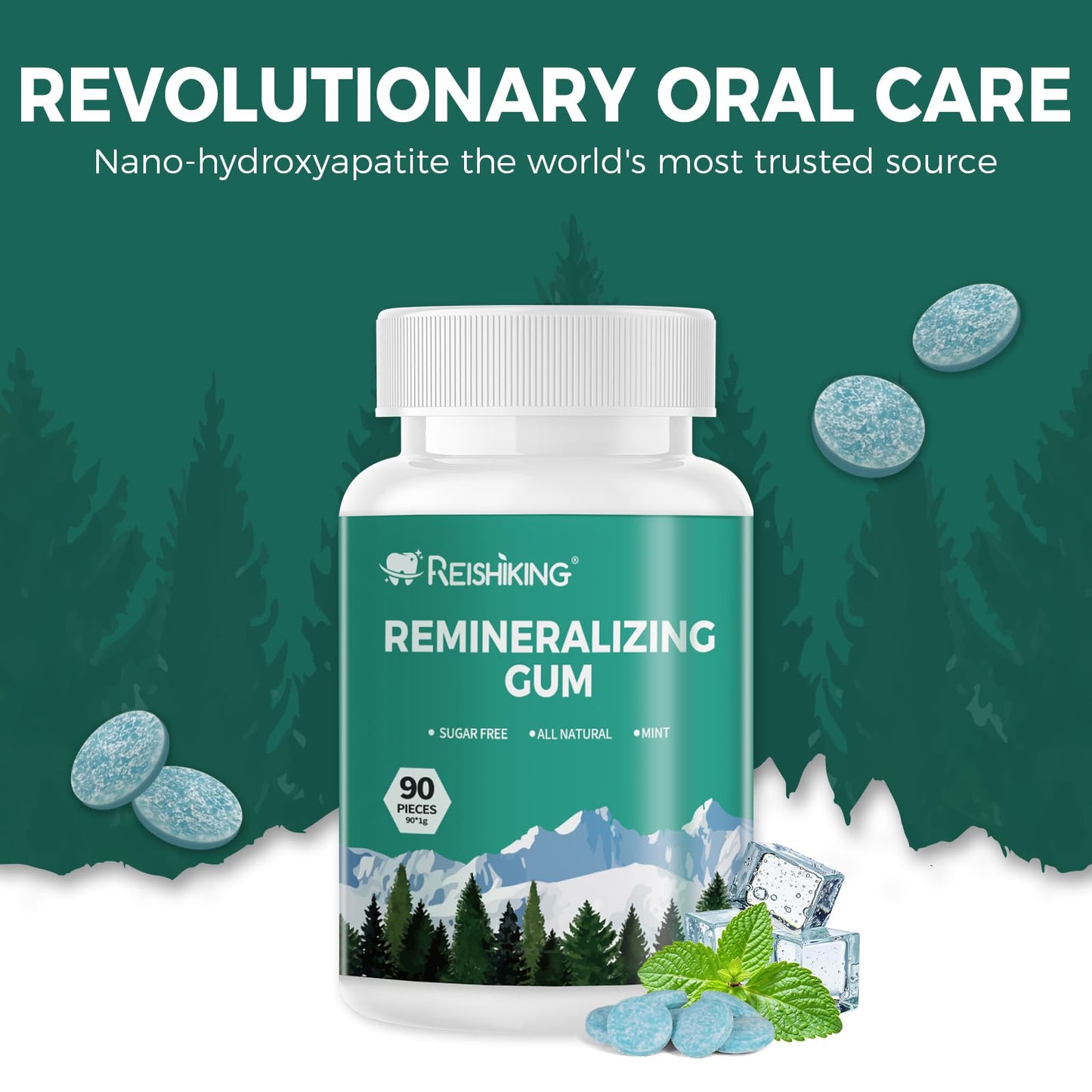 Remineralizing Gum, Containing Nano Hydroxyapatite, 90 Pieces, Teeth Remineralization, Sugar-Free Chewing Gum with Xylitol, Mint Flavor, Two pieces