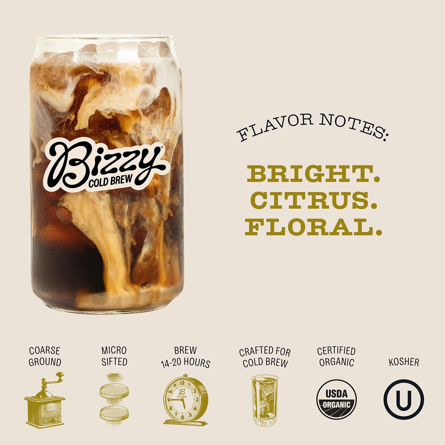 Bizzy Organic Cold Brew Coffee | Light & Bright Blend | Coarse Ground Coffee | Light Roast | Micro Sifted | Specialty Grade | 100% Arabica | Brew Bags
