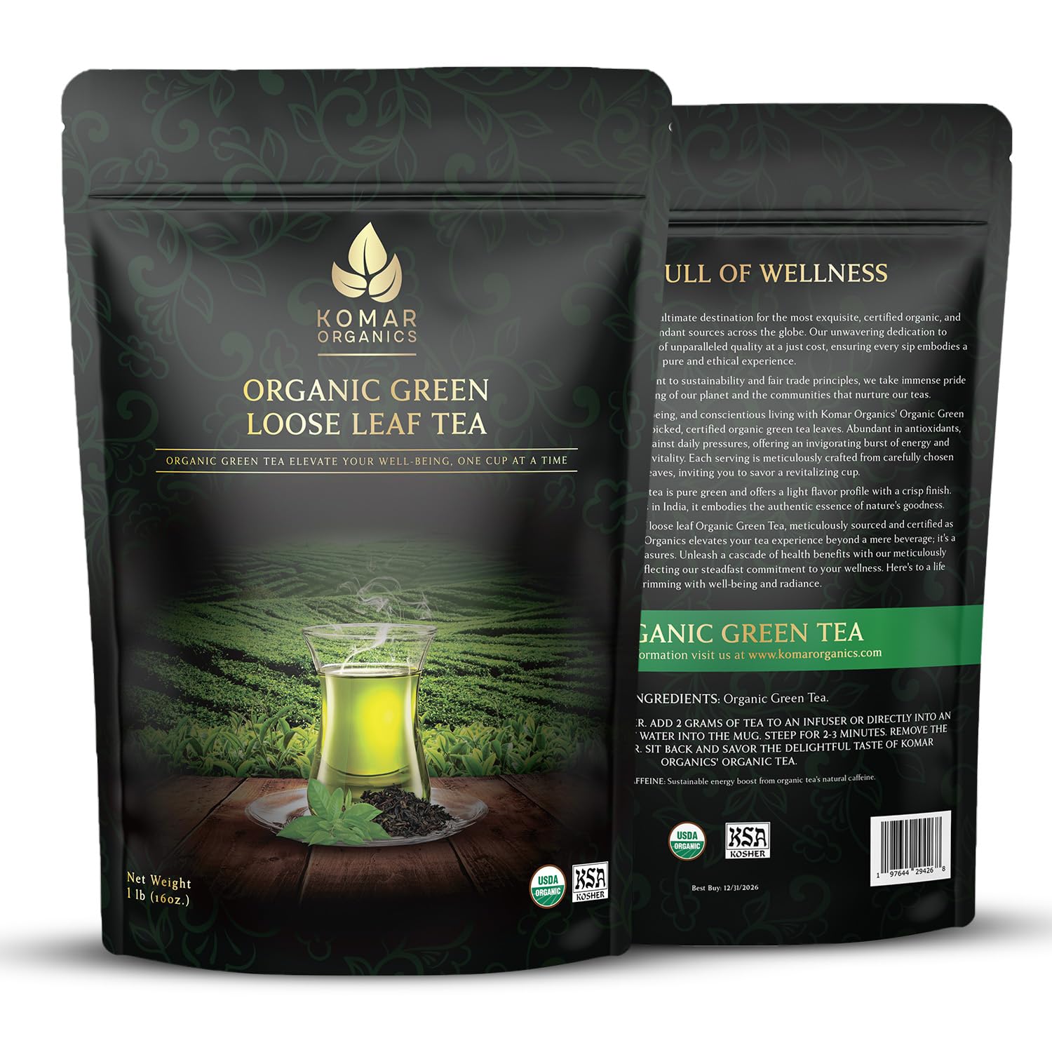 Komar Organics Loose Leaf Green Tea - 16Oz USDA Organic for Energy Boost, Antioxidants - Certified Kosher Delicate Flavor Assam Tea Organic Tea Leaves