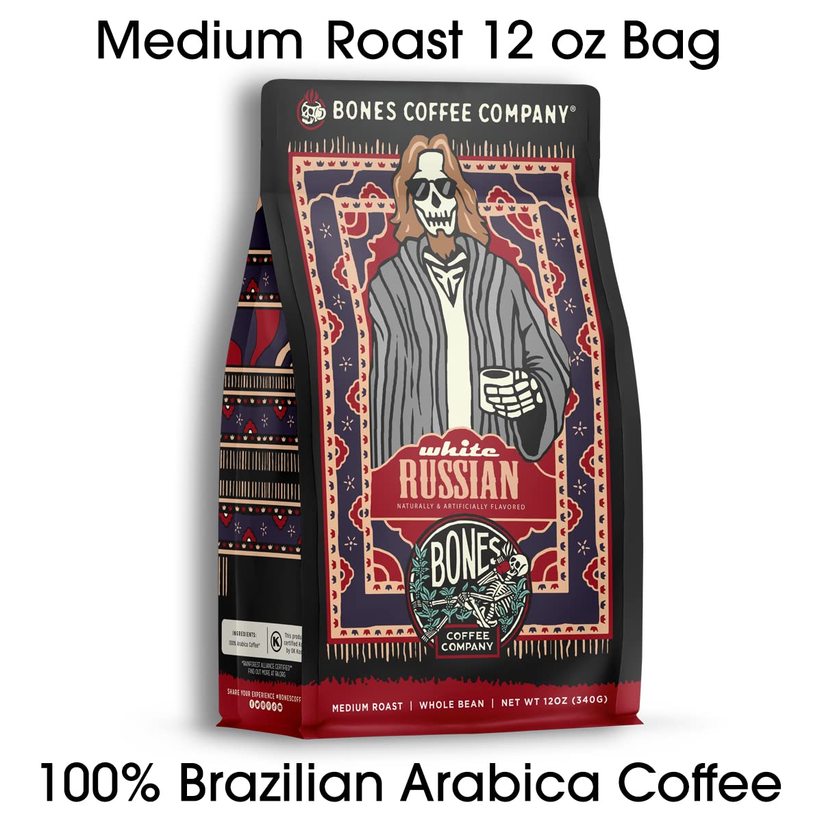 Bones Coffee Company White Russian, Cream and Cocktail Flavored Coffee, Medium Roast Low Acid Arabica Beans Compatible with Auto drip and French Press