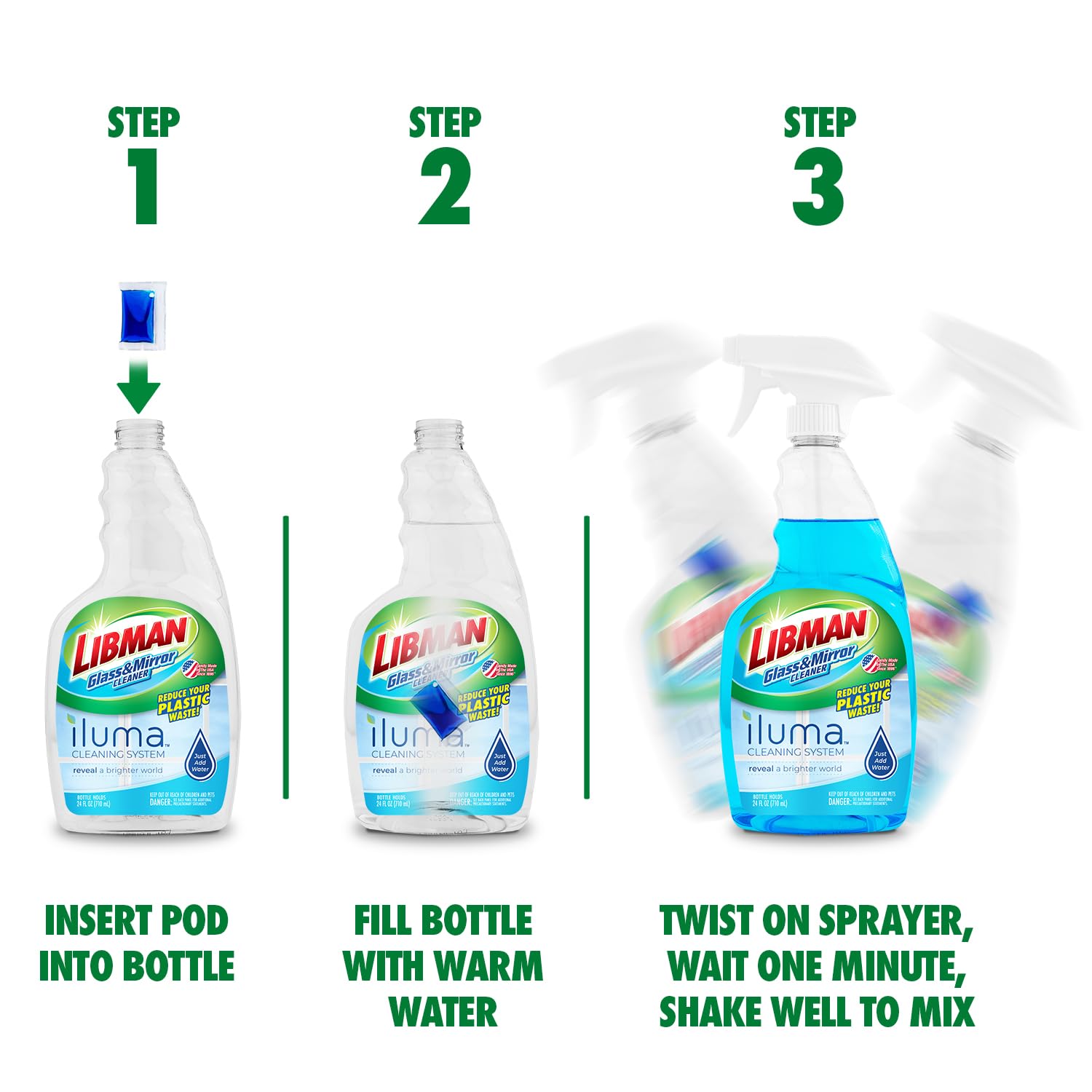 Libman Iluma Glass & Mirror Cleaner | Household Cleaning Products | Cleaning Supplies | Refillable Bottle | Glass Cleaner Spray | 24 fl oz Window