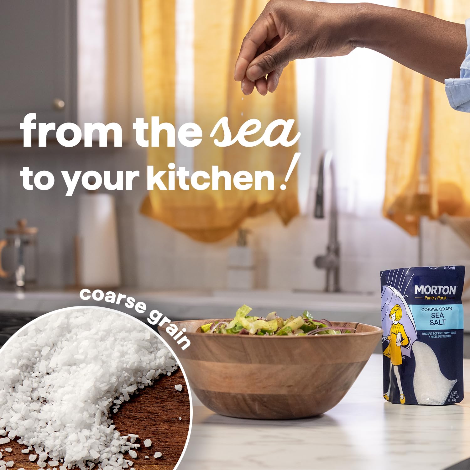 Morton Sea Salt Coarse Grain, All-Natural Sea Salt for Grinder Refill & Finishing, 1 lb Resealable Pouch, Ideal for Cooking, Seasoning & Gourmet