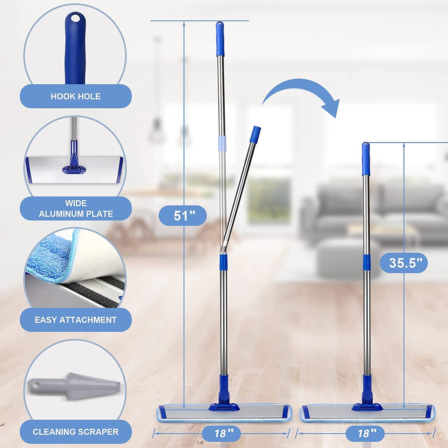 18" Professional Microfiber Mop Floor Cleaning mop, Flat Mop with Stainless Steel Handle,4 Reusable Washable Mop Pads and mop Pads Brush,Microfiber