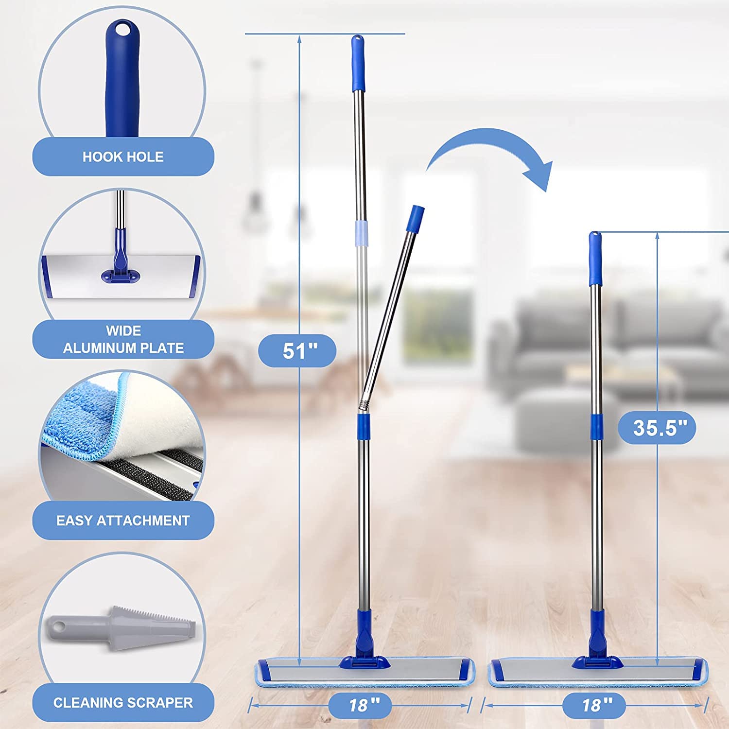 18" Professional Microfiber Mop Floor Cleaning mop, Flat Mop with Stainless Steel Handle,4 Reusable Washable Mop Pads and mop Pads Brush,Microfiber