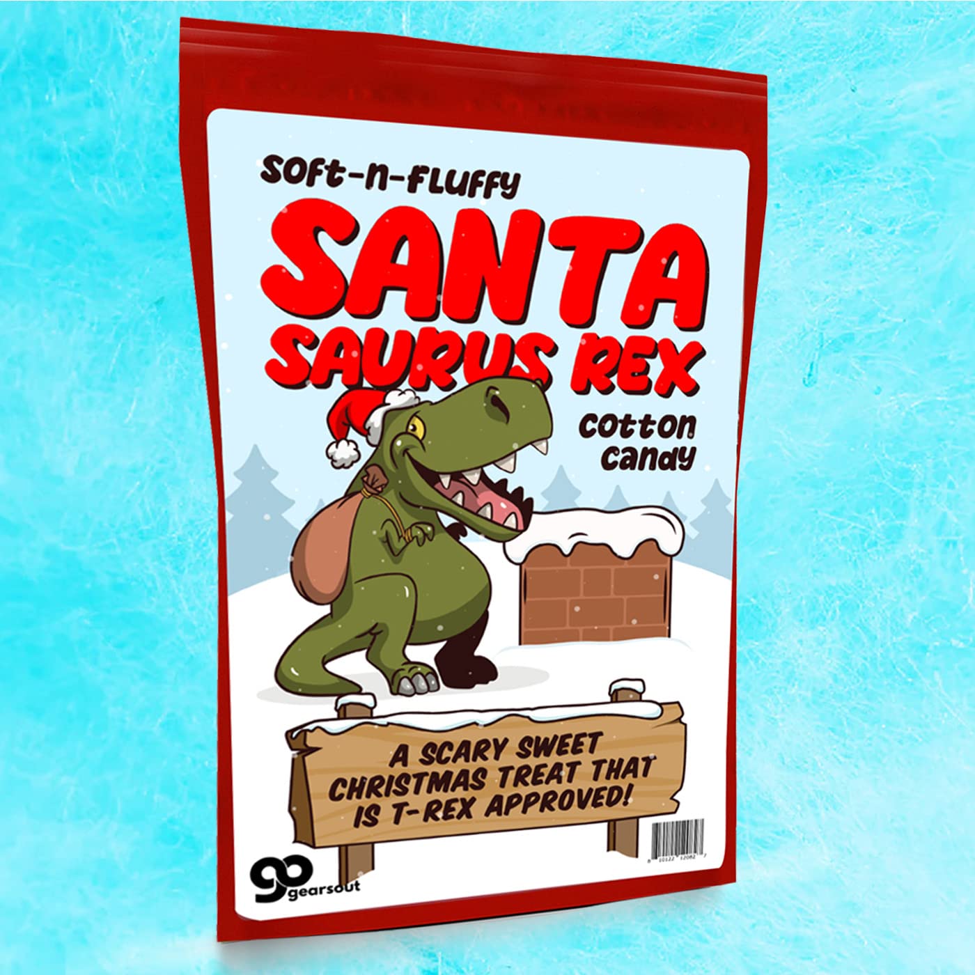 Santa Saurus Rex Cotton Candy - Christmas Candy Gifts for Kids - T-Rex Gift for Dinosaur Lovers - Blue Blueberry Flavor - Stocking Stuffers for Sons