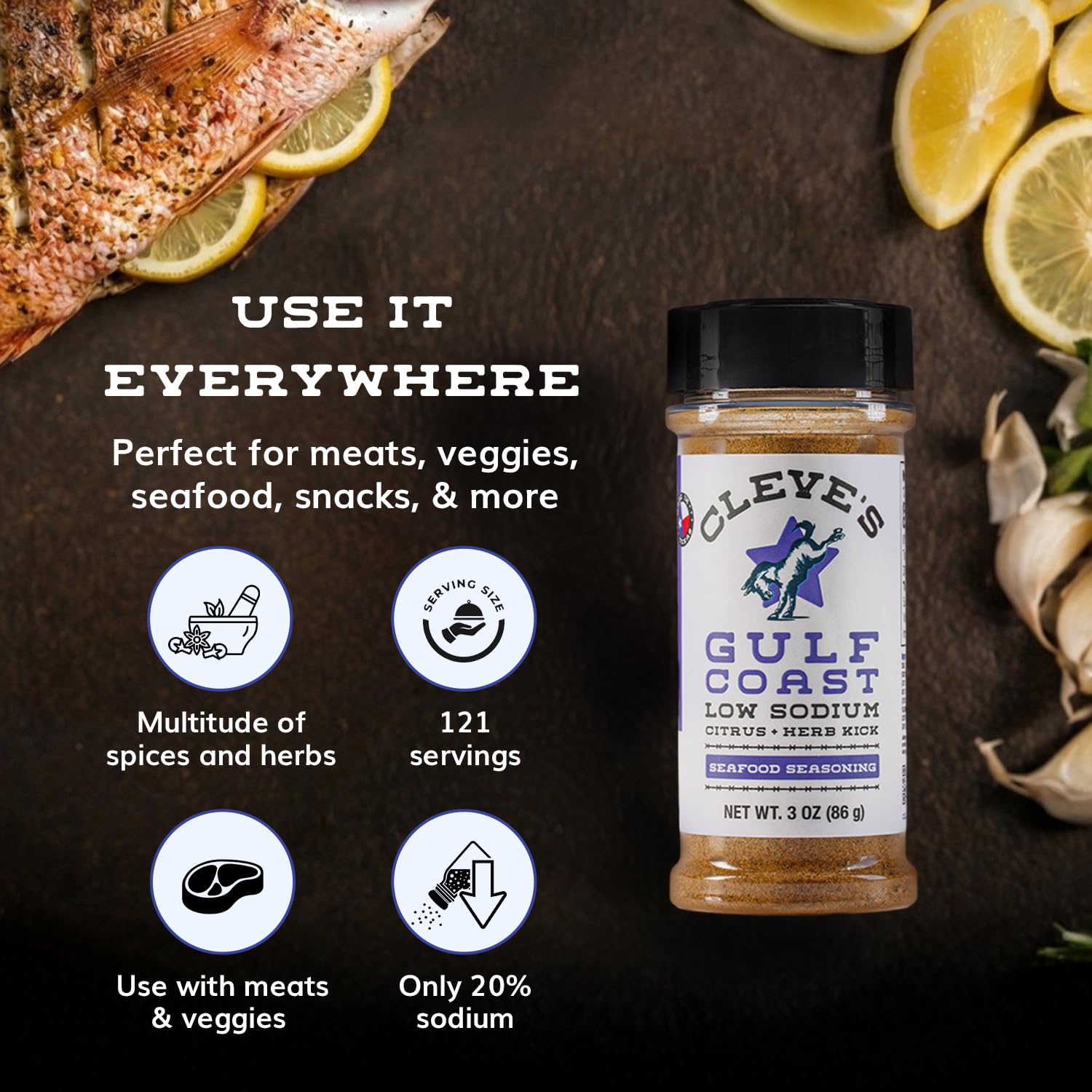 Cleve's Gourmet Gulf Coast Citrus and Herb Kick, Fish, Shrimp & Seafood Seasoning for Grilling & Cooking, 3.0 oz