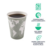 ECO PRODUCTS Compostable Disposable World Art 12oz Large Coffee Cups, Case of 1000, Renewable Hot Paper Cup, Plant Based PLA Lining, Color Coded