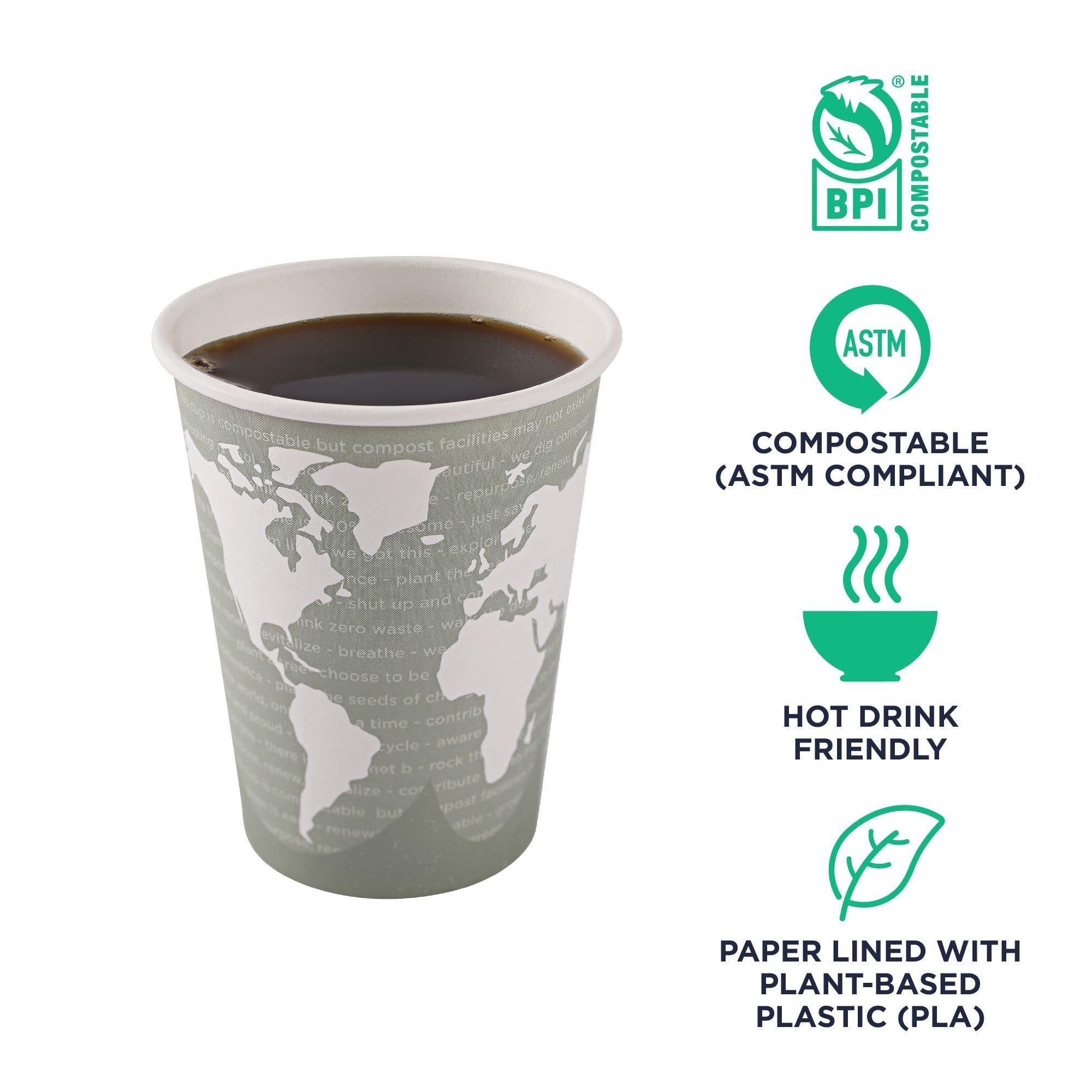 ECO PRODUCTS Compostable Disposable World Art 12oz Large Coffee Cups, Case of 1000, Renewable Hot Paper Cup, Plant Based PLA Lining, Color Coded