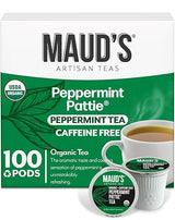 Maud's Organic Peppermint Tea Pods, 100 ct, Single Serve Pods - 100% Gourmet Blended Tea Leaves, Compatible with Keurig K Cups Maker