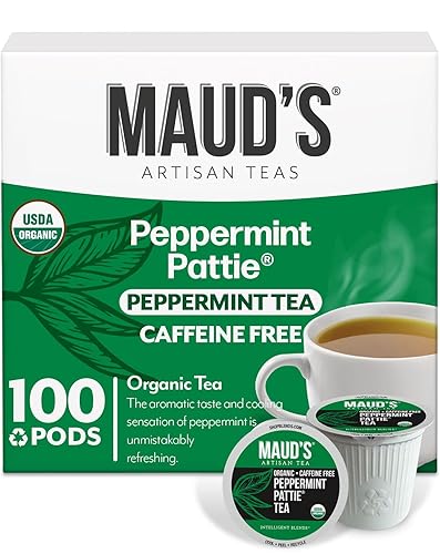 Maud's Organic Peppermint Tea Pods, 100 ct, Single Serve Pods - 100% Gourmet Blended Tea Leaves, Compatible with Keurig K Cups Maker