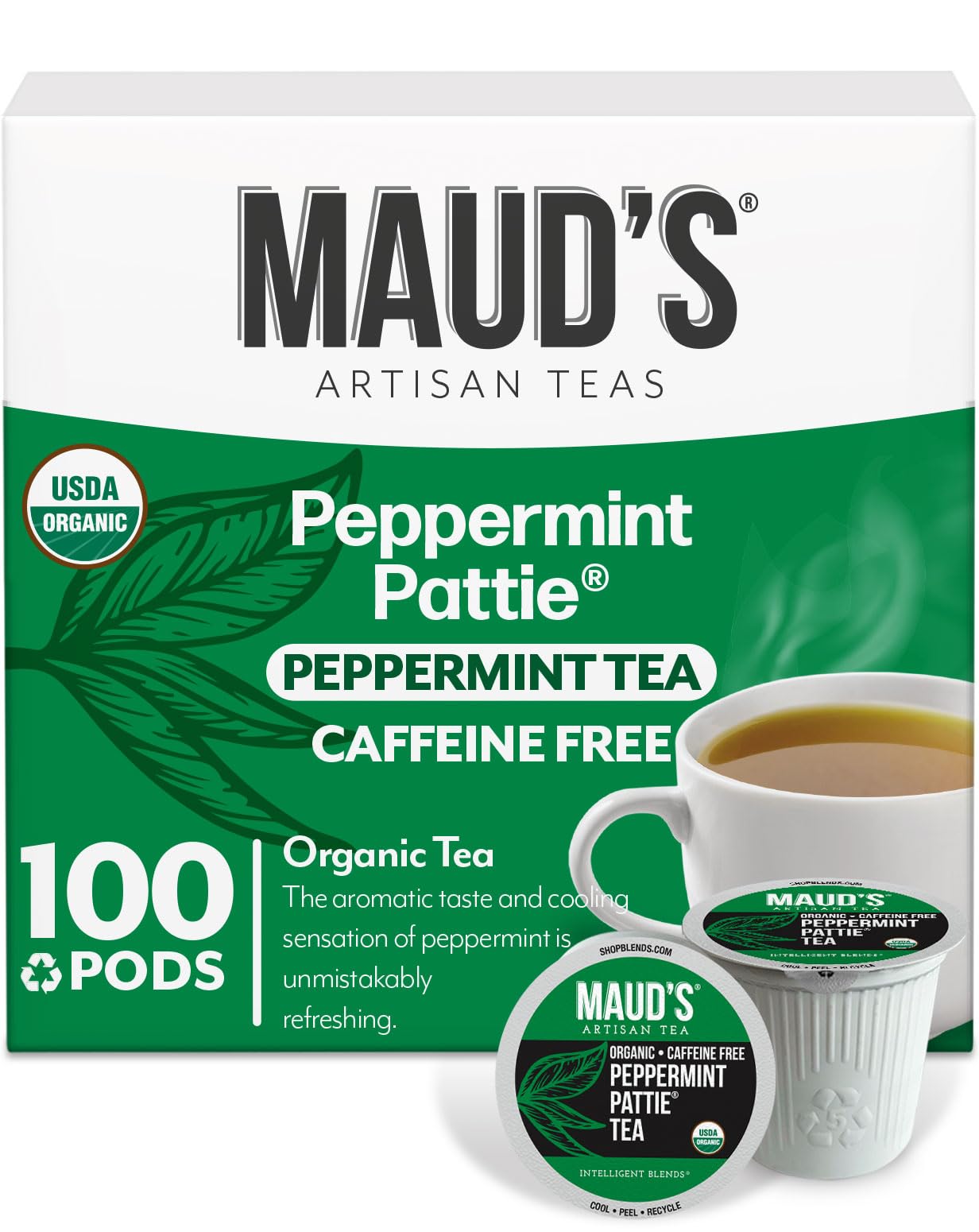 Maud's Organic Peppermint Tea Pods, 100 ct, Single Serve Pods - 100% Gourmet Blended Tea Leaves, Compatible with Keurig K Cups Maker
