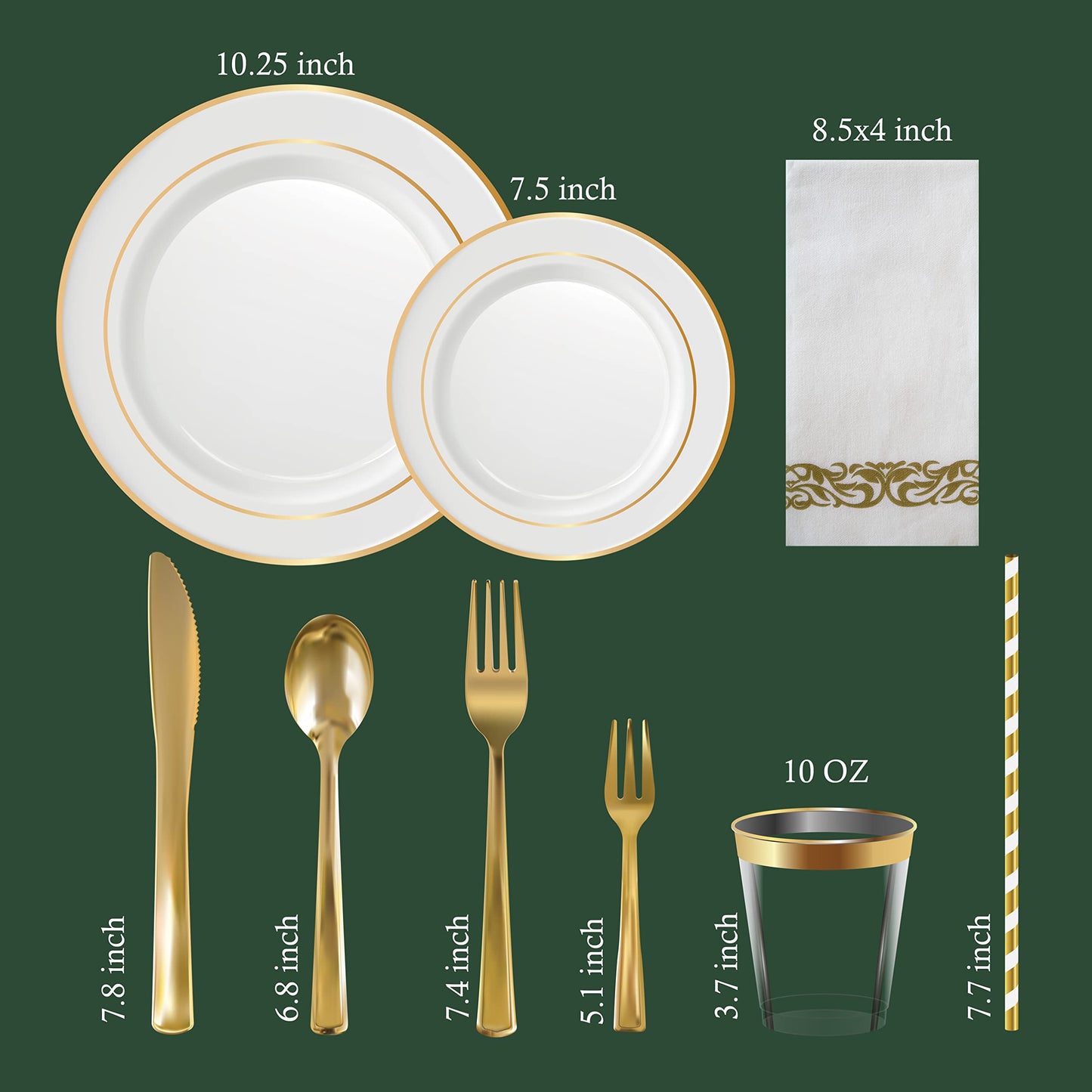 Neatiffy 225 Pcs Gold Rim Plastic Dinnerware Set (25 Guest) | 25 x (Dinner Plate, Dessert Plate, Gold Plastic Silverware, Cup, Napkin, Straw) |