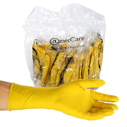 AmerCare Neptune Yellow Household Latex Rubber Gloves for Dishwashing and Cleaning, Large, Case of 120 Pairs
