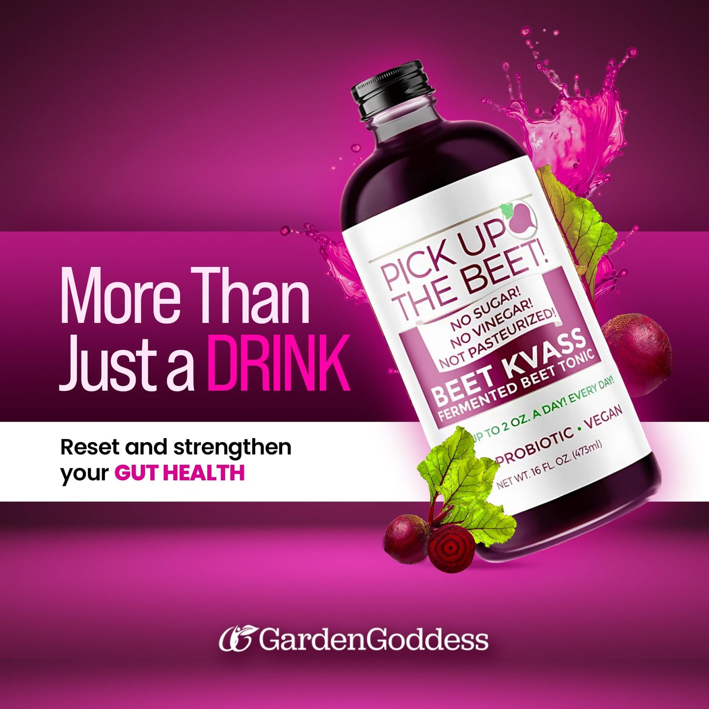 Pick Up The Beet Organic Beet Juice Kvass with Live Probiotics, Vegan - Natural Nitric Oxide Boost, Fermented Beet Tonic, Sugar Cravings Support, 32