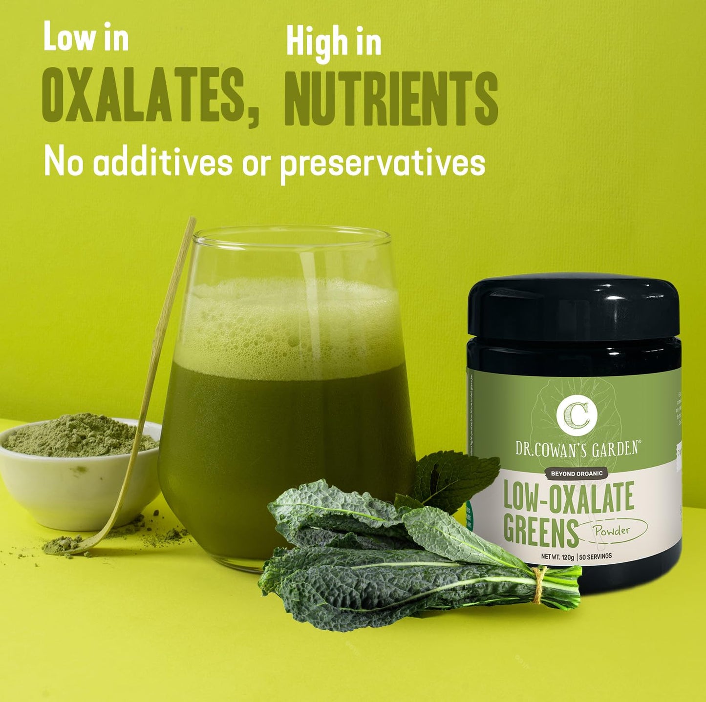 Dr. Cowan's Garden Low-Oxalate Greens Veggie Powder - Beyond Organic Superfood Greens Vegetable Powder for Drinks and Food - Lacinato Kale, Mustard