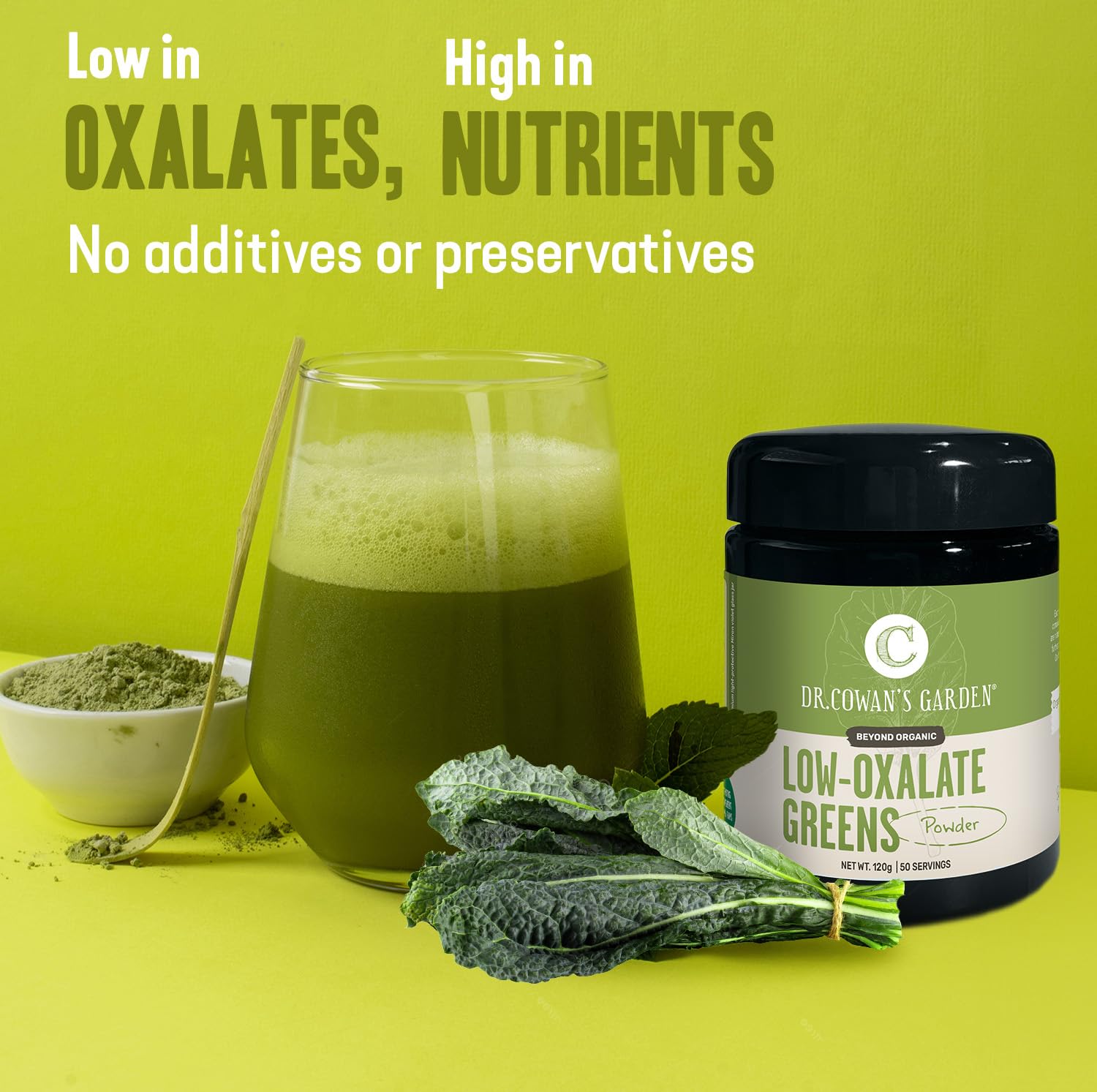 Dr. Cowan's Garden Low-Oxalate Greens Veggie Powder - Beyond Organic Superfood Greens Vegetable Powder for Drinks and Food - Lacinato Kale, Mustard