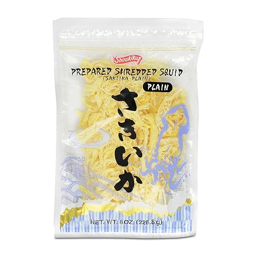 Shirakiku Prepared Shredded Squid | Saki Ika Plain Flavour Dried Squid | Savory Asian Seafood Snack, Low-Fat, Low-Calorie Dried Seafood Treat, 8 oz